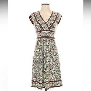 BCBGMaxAzria Brown, Green, and Cream Dress with Tie Waist | XXS